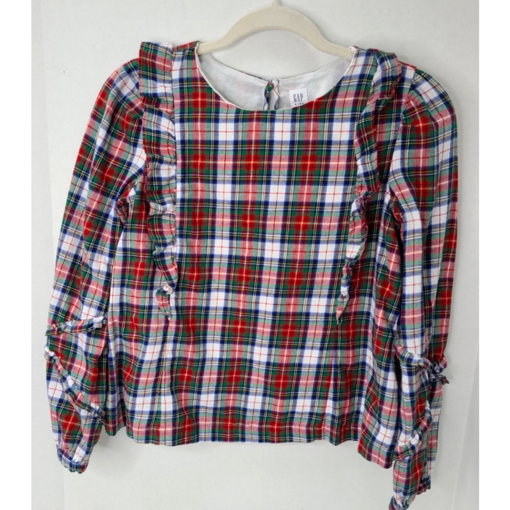 GAP kids christmas plaid flannel ruffle long sleeve girls shirt